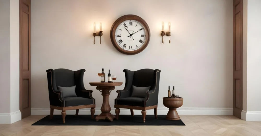 3d Model Two Elegant Chairs With Dark Upholstery And Wooden Frames Positioned Beside A Small Pedestal Table On The Table There Is A Bottle Of Whiskey A Large Wall Clock With Roman Numerals Is Mounted Above The Chair 20 Cf0b