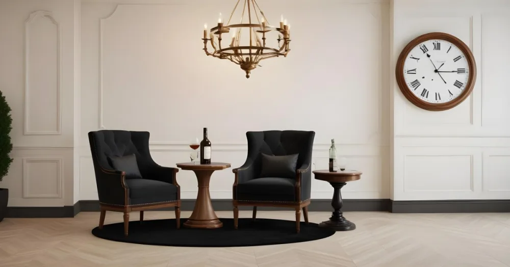 3d Model Two Elegant Chairs With Dark Upholstery And Wooden Frames Positioned Beside A Small Pedestal Table On The Table There Is A Bottle Of Whiskey A Large Wall Clock With Roman Numerals Is Mounted Above The Chair 21 B875