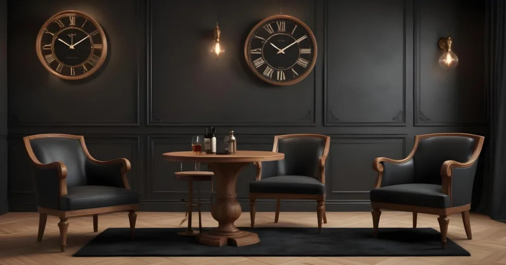 3d Model Two Elegant Chairs With Dark Upholstery And Wooden Frames Positioned Beside A Small Pedestal Table On The Table There Is A Bottle Of Whiskey A Large Wall Clock With Roman Numerals Is Mounted Above The Chair 23 8397