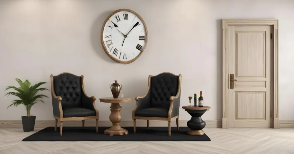 3d Model Two Elegant Chairs With Dark Upholstery And Wooden Frames Positioned Beside A Small Pedestal Table On The Table There Is A Bottle Of Whiskey A Large Wall Clock With Roman Numerals Is Mounted Above The Chair 24 650b