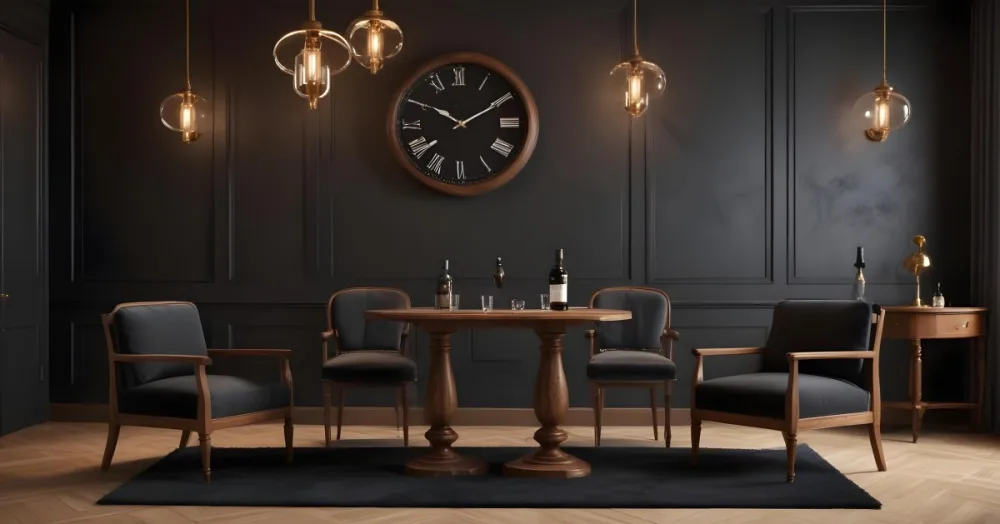 3d Model Two Elegant Chairs With Dark Upholstery And Wooden Frames Positioned Beside A Small Pedestal Table On The Table There Is A Bottle Of Whiskey A Large Wall Clock With Roman Numerals Is Mounted Above The Chair 25 40dd