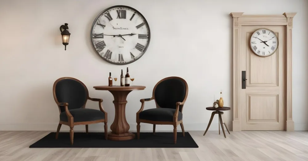 3d Model Two Elegant Chairs With Dark Upholstery And Wooden Frames Positioned Beside A Small Pedestal Table On The Table There Is A Bottle Of Whiskey A Large Wall Clock With Roman Numerals Is Mounted Above The Chair 3 Cb14