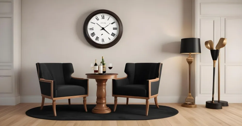 3d Model Two Elegant Chairs With Dark Upholstery And Wooden Frames Positioned Beside A Small Pedestal Table On The Table There Is A Bottle Of Whiskey A Large Wall Clock With Roman Numerals Is Mounted Above The Chair 4 4f3b