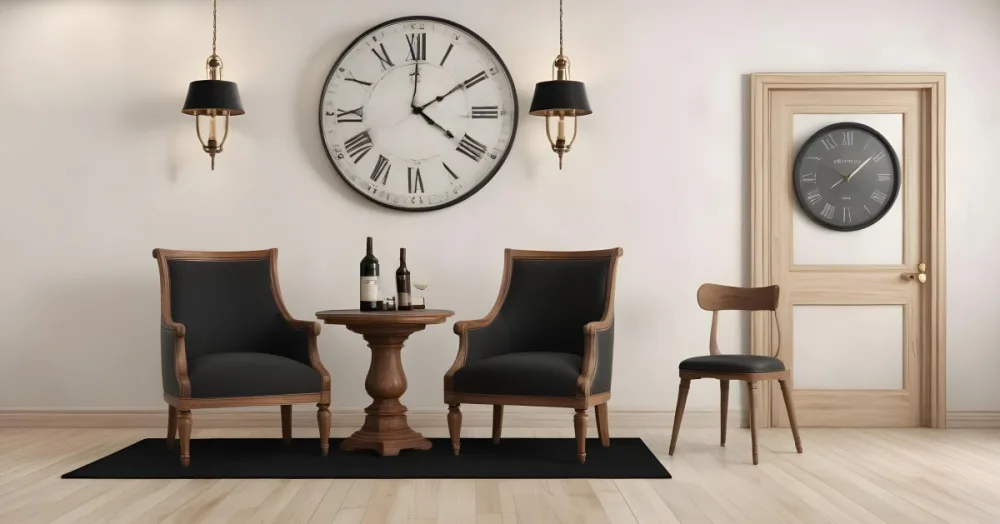 3d Model Two Elegant Chairs With Dark Upholstery And Wooden Frames Positioned Beside A Small Pedestal Table On The Table There Is A Bottle Of Whiskey A Large Wall Clock With Roman Numerals Is Mounted Above The Chair 5 F8bd