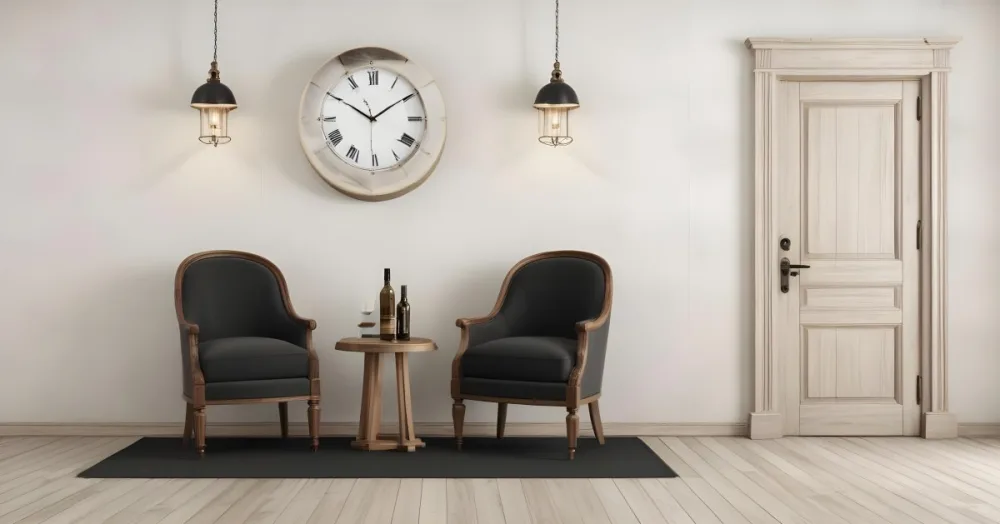 3d Model Two Elegant Chairs With Dark Upholstery And Wooden Frames Positioned Beside A Small Pedestal Table On The Table There Is A Bottle Of Whiskey A Large Wall Clock With Roman Numerals Is Mounted Above The Chair 6 Db87