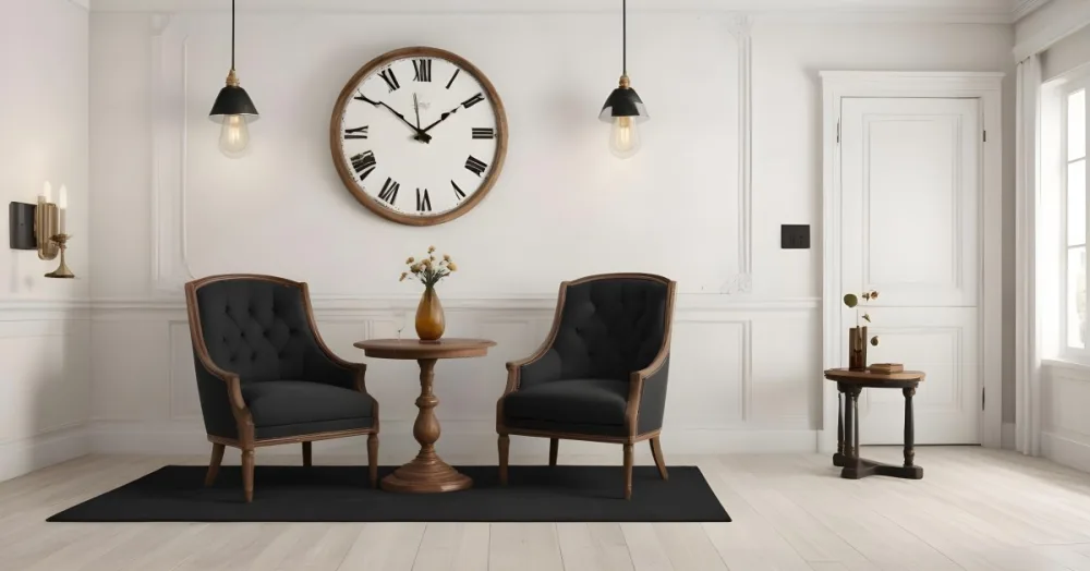 3d Model Two Elegant Chairs With Dark Upholstery And Wooden Frames Positioned Beside A Small Pedestal Table On The Table There Is A Bottle Of Whiskey A Large Wall Clock With Roman Numerals Is Mounted Above The Chair 7 41ce