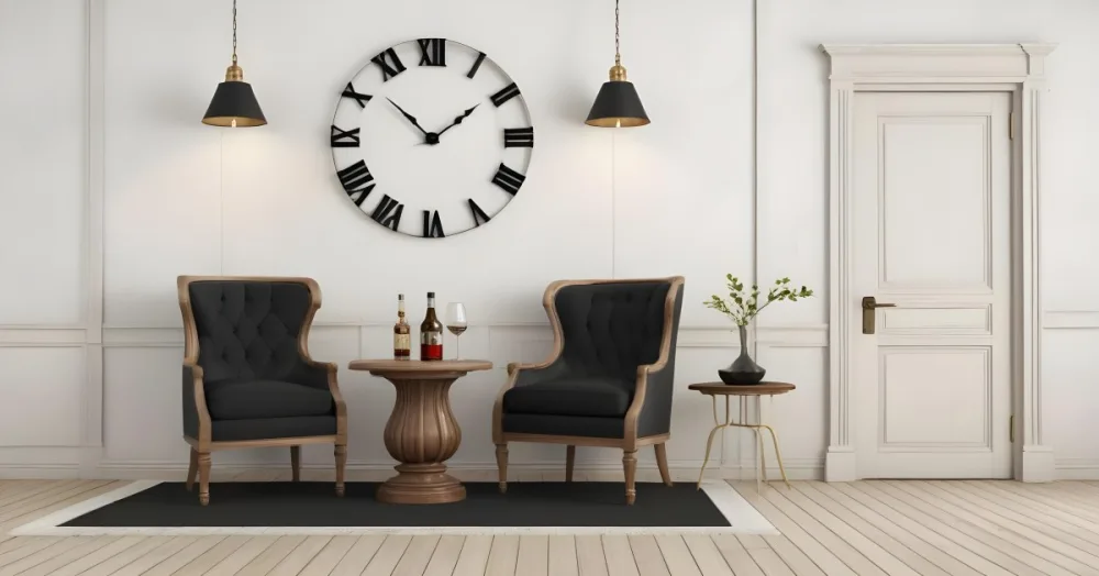 3d Model Two Elegant Chairs With Dark Upholstery And Wooden Frames Positioned Beside A Small Pedestal Table On The Table There Is A Bottle Of Whiskey A Large Wall Clock With Roman Numerals Is Mounted Above The Chair 8 Fc3c