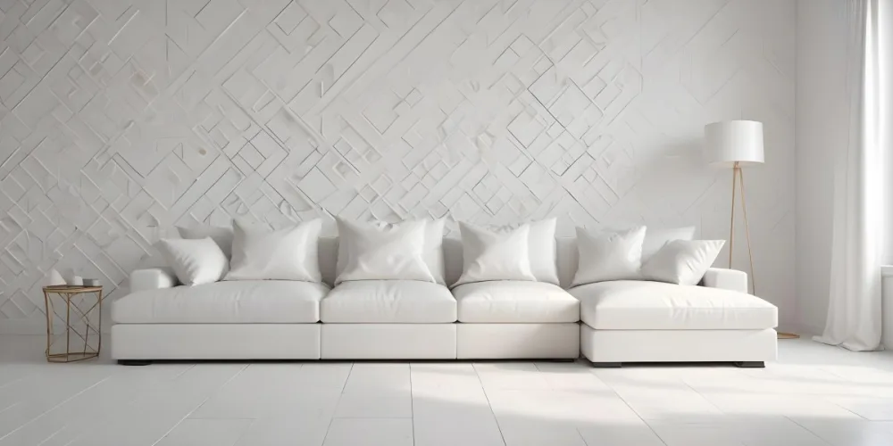 3d Model White Modern Sofa With Multiple Cushions In A Minimalist Interior Featuring A Geometric Patterned White Wall And A Floor Lamp Beside The Sofa The Flooring Is Also White Creating A Clean And Bright Atmosphere 11 D7e7