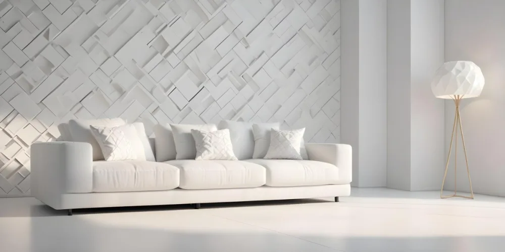 3d Model White Modern Sofa With Multiple Cushions In A Minimalist Interior Featuring A Geometric Patterned White Wall And A Floor Lamp Beside The Sofa The Flooring Is Also White Creating A Clean And Bright Atmosphere 13 93a6