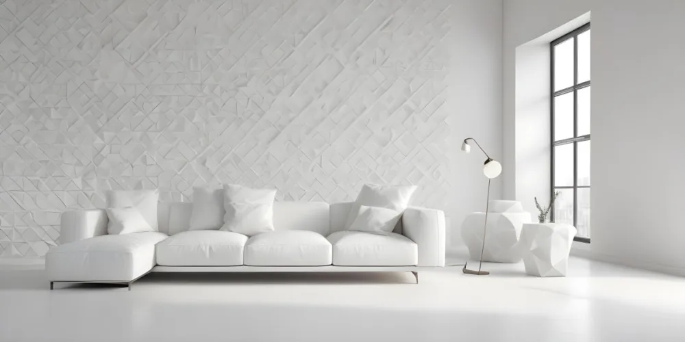 3d Model White Modern Sofa With Multiple Cushions In A Minimalist Interior Featuring A Geometric Patterned White Wall And A Floor Lamp Beside The Sofa The Flooring Is Also White Creating A Clean And Bright Atmosphere 14 Ea52