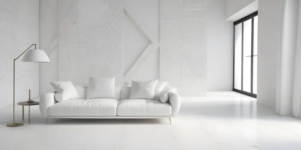 3d Model White Modern Sofa With Multiple Cushions In A Minimalist Interior Featuring A Geometric Patterned White Wall And A Floor Lamp Beside The Sofa The Flooring Is Also White Creating A Clean And Bright Atmosphere 17 71c1