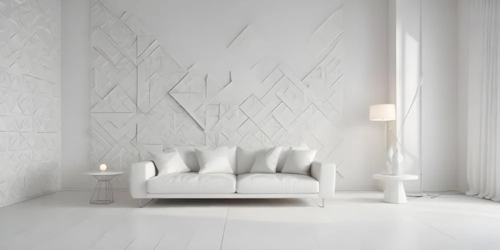 3d Model White Modern Sofa With Multiple Cushions In A Minimalist Interior Featuring A Geometric Patterned White Wall And A Floor Lamp Beside The Sofa The Flooring Is Also White Creating A Clean And Bright Atmosphere 18 7e3b