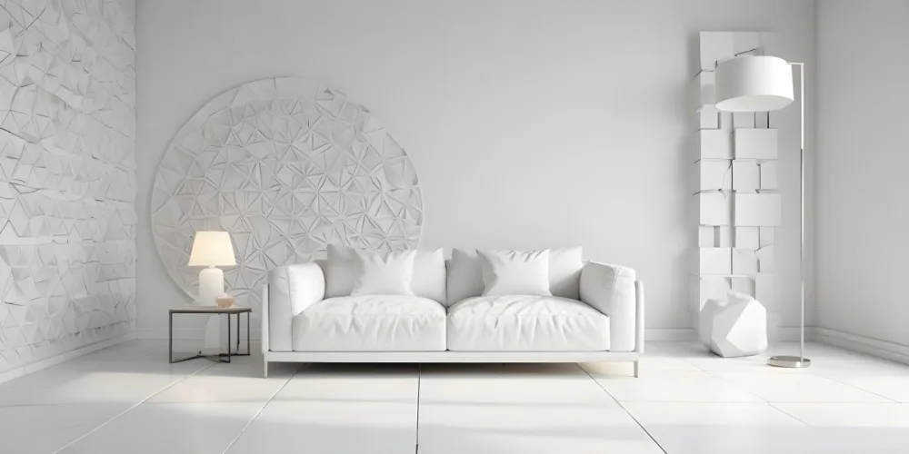 3d Model White Modern Sofa With Multiple Cushions In A Minimalist Interior Featuring A Geometric Patterned White Wall And A Floor Lamp Beside The Sofa The Flooring Is Also White Creating A Clean And Bright Atmosphere 19 F471