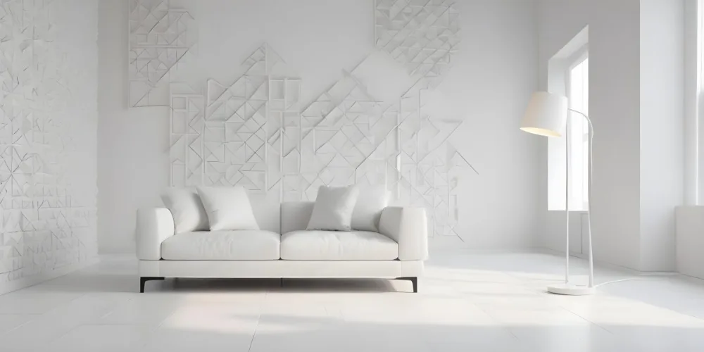 3d Model White Modern Sofa With Multiple Cushions In A Minimalist Interior Featuring A Geometric Patterned White Wall And A Floor Lamp Beside The Sofa The Flooring Is Also White Creating A Clean And Bright Atmosphere 20 E7de
