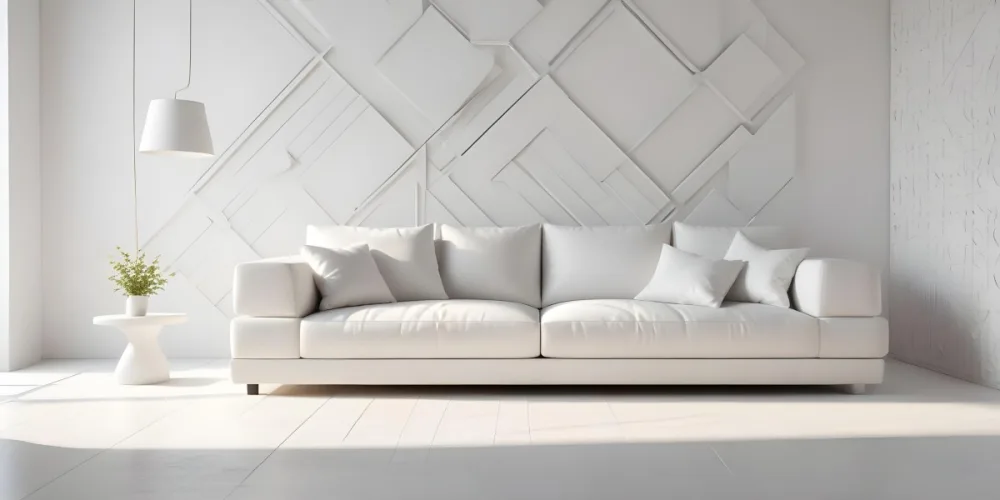 3d Model White Modern Sofa With Multiple Cushions In A Minimalist Interior Featuring A Geometric Patterned White Wall And A Floor Lamp Beside The Sofa The Flooring Is Also White Creating A Clean And Bright Atmosphere 3 Daca