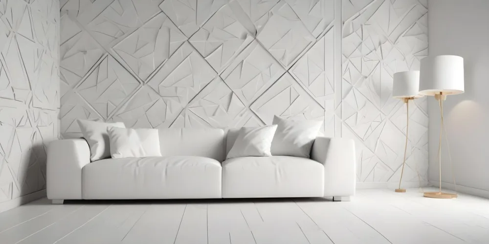3d Model White Modern Sofa With Multiple Cushions In A Minimalist Interior Featuring A Geometric Patterned White Wall And A Floor Lamp Beside The Sofa The Flooring Is Also White Creating A Clean And Bright Atmosphere 4 Dcd7