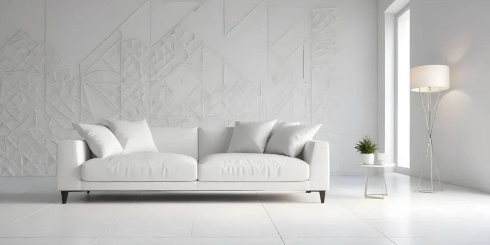 3d Model White Modern Sofa With Multiple Cushions In A Minimalist Interior Featuring A Geometric Patterned White Wall And A Floor Lamp Beside The Sofa The Flooring Is Also White Creating A Clean And Bright Atmosphere 5 013d
