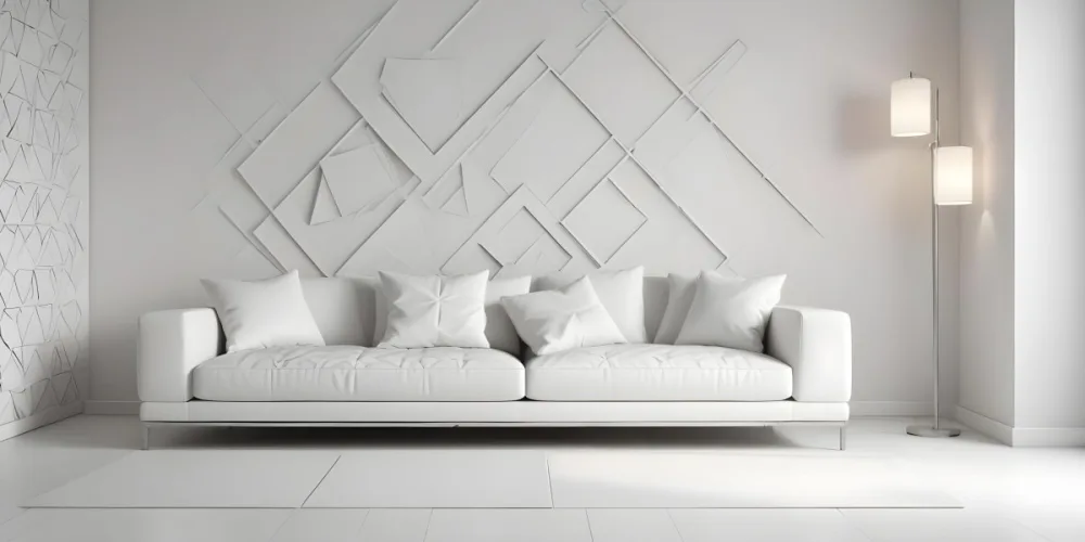 3d Model White Modern Sofa With Multiple Cushions In A Minimalist Interior Featuring A Geometric Patterned White Wall And A Floor Lamp Beside The Sofa The Flooring Is Also White Creating A Clean And Bright Atmosphere 6 D1bc
