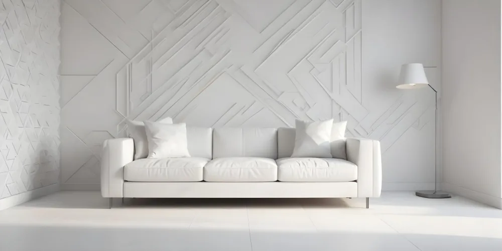 3d Model White Modern Sofa With Multiple Cushions In A Minimalist Interior Featuring A Geometric Patterned White Wall And A Floor Lamp Beside The Sofa The Flooring Is Also White Creating A Clean And Bright Atmosphere 7 1b8c