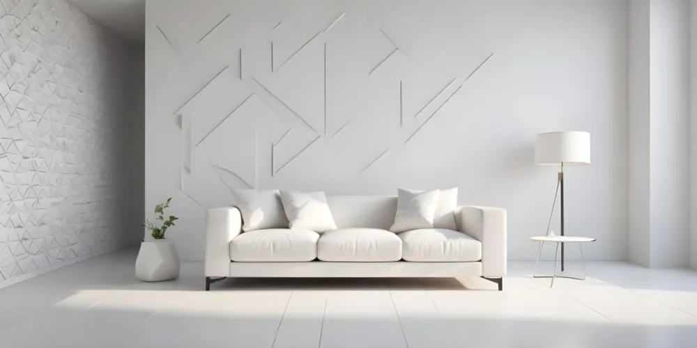 3d Model White Modern Sofa With Multiple Cushions In A Minimalist Interior Featuring A Geometric Patterned White Wall And A Floor Lamp Beside The Sofa The Flooring Is Also White Creating A Clean And Bright Atmosphere 8 26f2