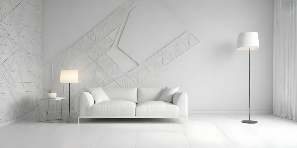 3d Model White Modern Sofa With Multiple Cushions In A Minimalist Interior Featuring A Geometric Patterned White Wall And A Floor Lamp Beside The Sofa The Flooring Is Also White Creating A Clean And Bright Atmosphere 9 8bf0