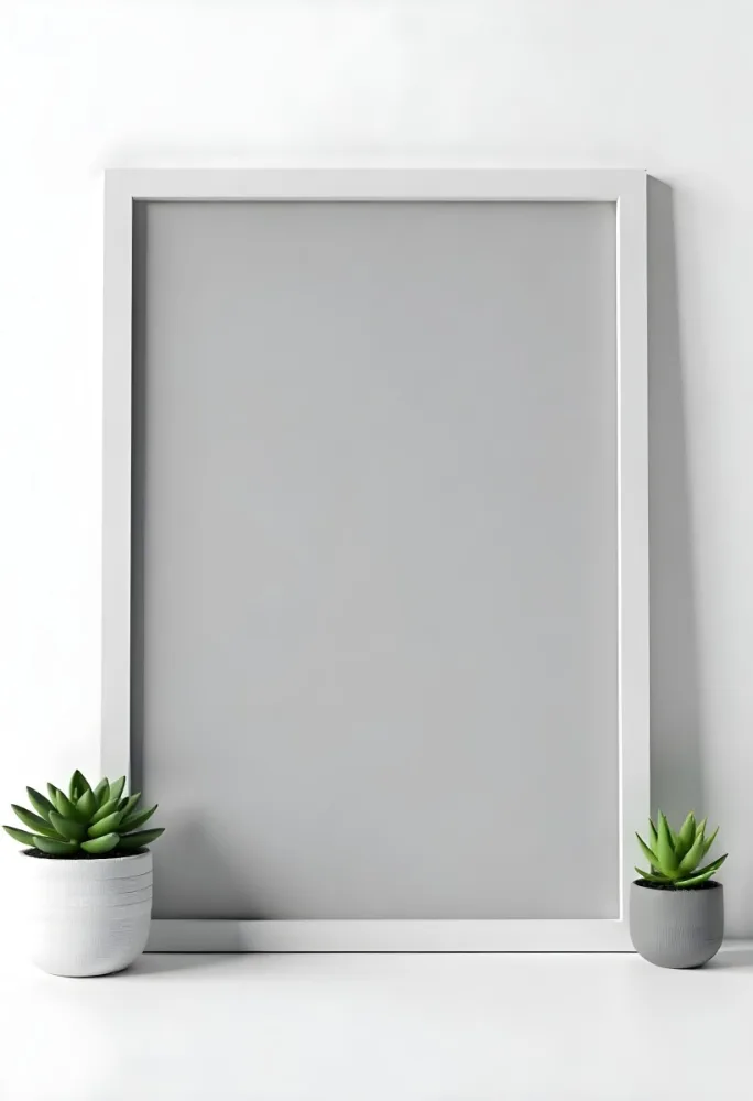 A Blank Black Canvas With A White Frame Two Small Succulent Plants And A White Wall Background 25 775c