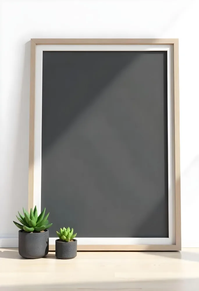 A Blank Black Canvas With A White Frame Two Small Succulent Plants And A White Wall Background 29 67ee