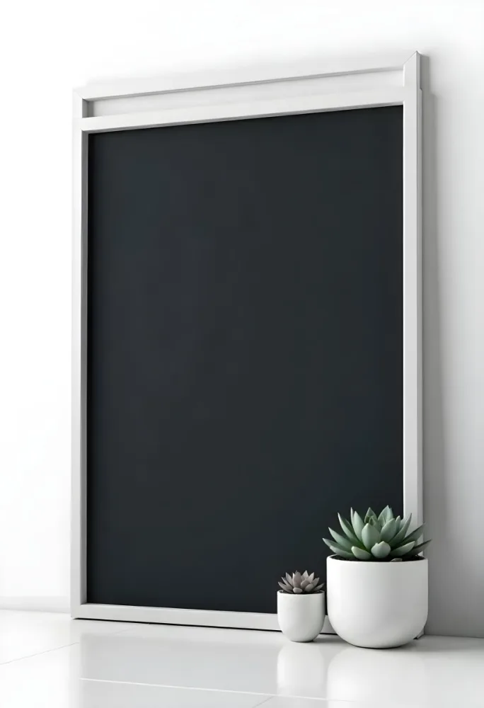 A Blank Black Canvas With A White Frame Two Small Succulent Plants And A White Wall Background 6 2d2b