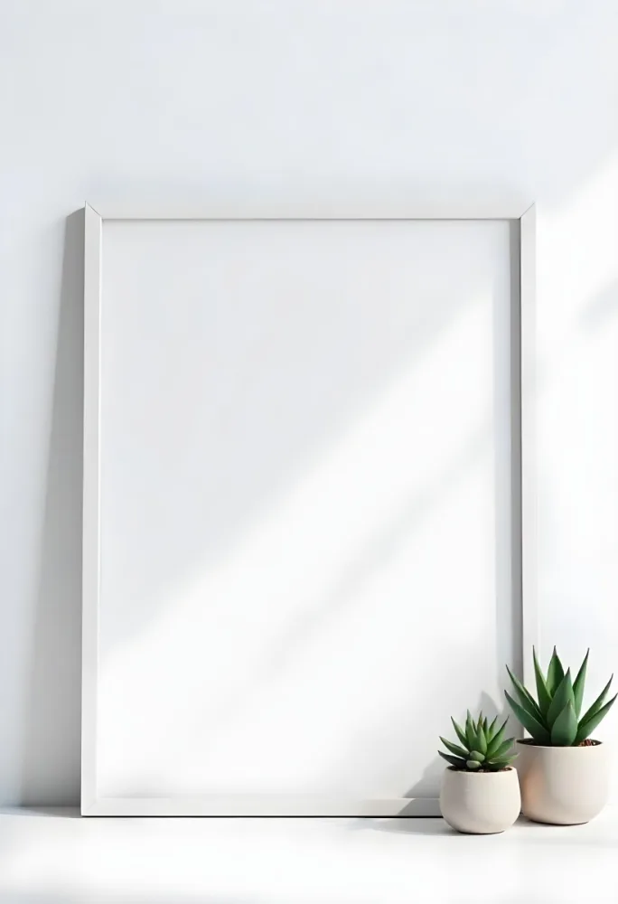 A Blank Black Canvas With A White Frame Two Small Succulent Plants And A White Wall Background 8 437a