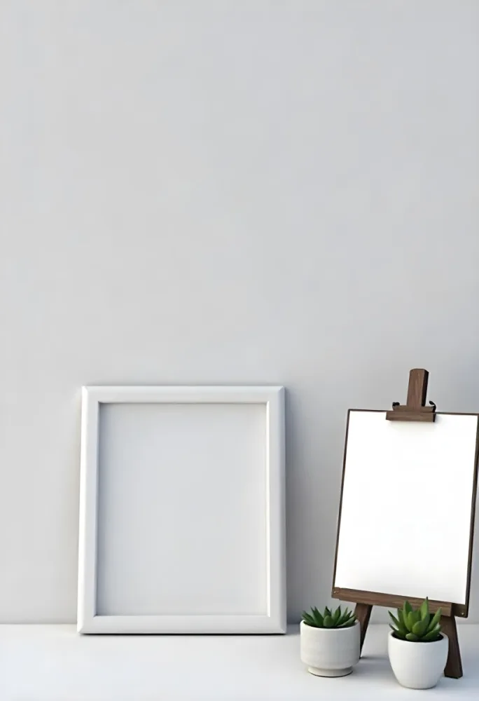 A Blank Black Canvas With A White Frame Two Small Succulent Plants And A White Wall Background 9 C18e