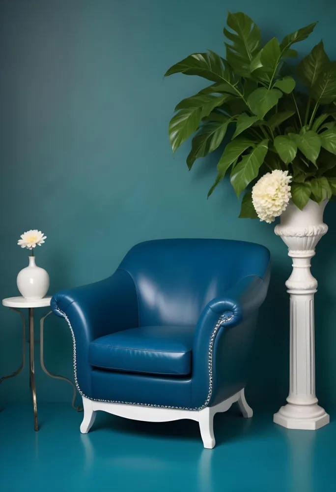 A Blue Leather Armchair With White Trim Next To A Decorative Vase With Green Leaves And Flowers On A Pedestal 1 6606