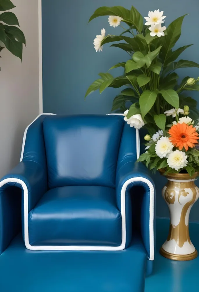 A Blue Leather Armchair With White Trim Next To A Decorative Vase With Green Leaves And Flowers On A Pedestal 10 Fddb