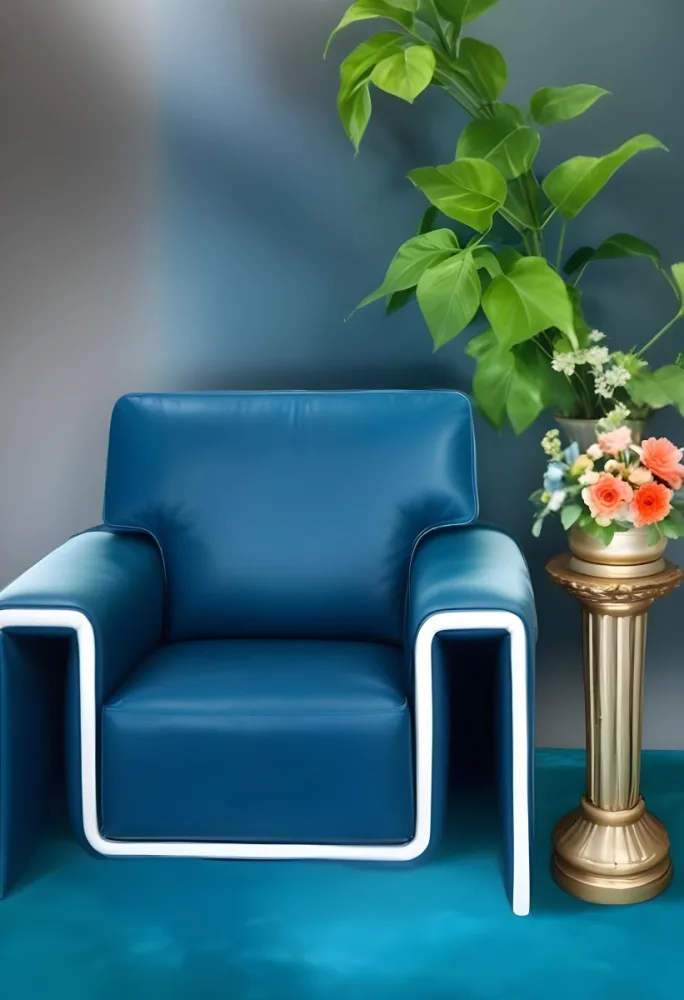 A Blue Leather Armchair With White Trim Next To A Decorative Vase With Green Leaves And Flowers On A Pedestal 12 E7ac