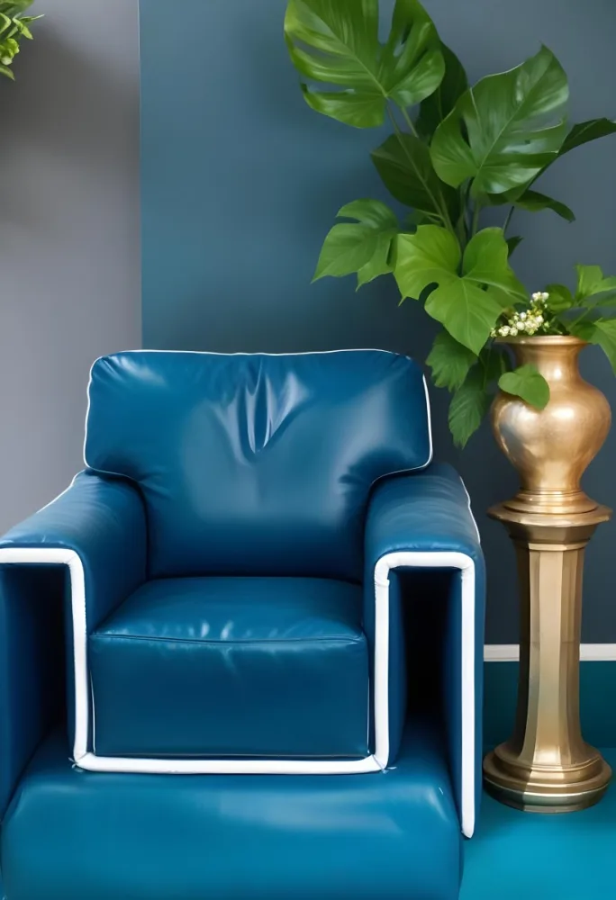 A Blue Leather Armchair With White Trim Next To A Decorative Vase With Green Leaves And Flowers On A Pedestal 13 5cb8