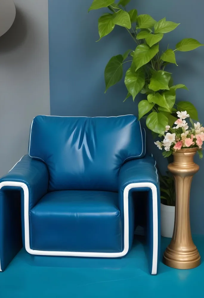 A Blue Leather Armchair With White Trim Next To A Decorative Vase With Green Leaves And Flowers On A Pedestal 14 142e