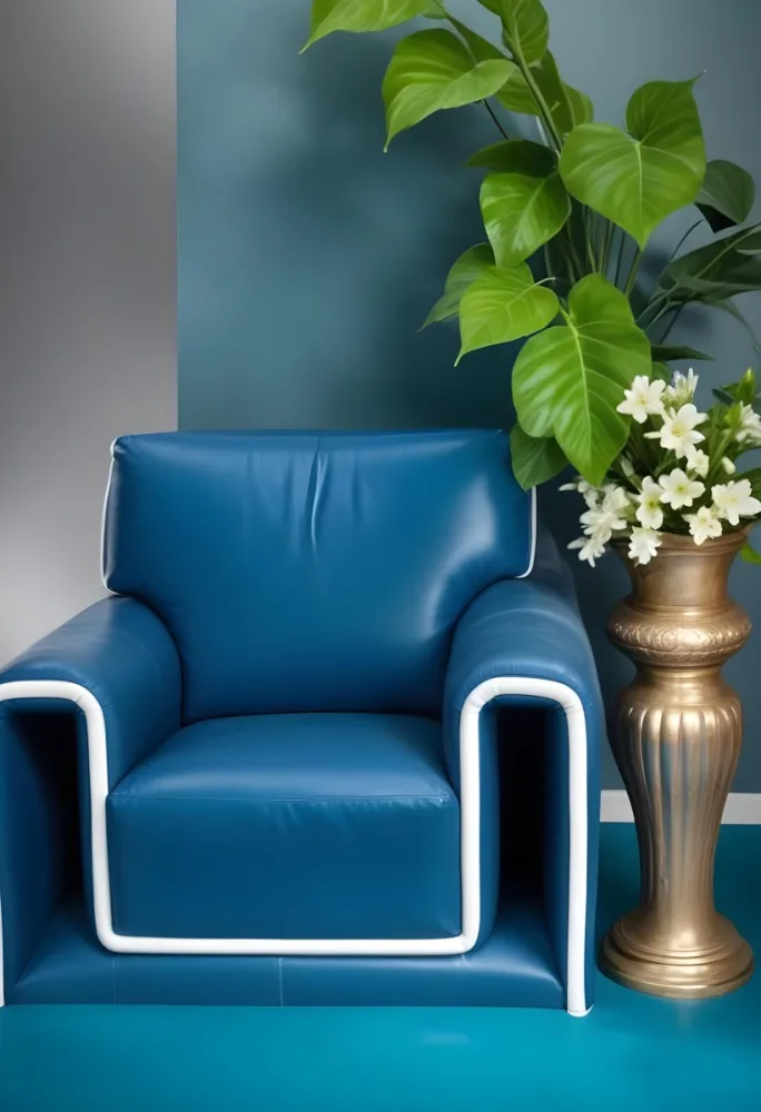 A Blue Leather Armchair With White Trim Next To A Decorative Vase With Green Leaves And Flowers On A Pedestal 15 7c5a