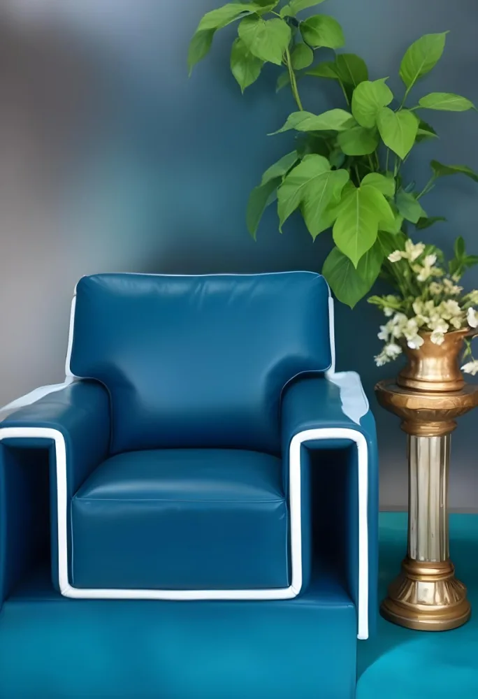 A Blue Leather Armchair With White Trim Next To A Decorative Vase With Green Leaves And Flowers On A Pedestal 16 0a65