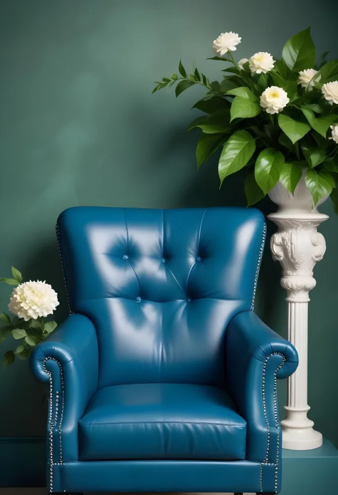 A Blue Leather Armchair With White Trim Next To A Decorative Vase With Green Leaves And Flowers On A Pedestal 3 B46b