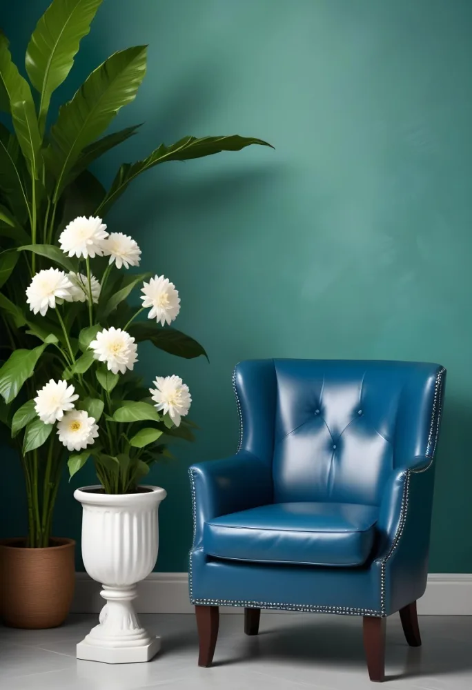 A Blue Leather Armchair With White Trim Next To A Decorative Vase With Green Leaves And Flowers On A Pedestal 4 090c