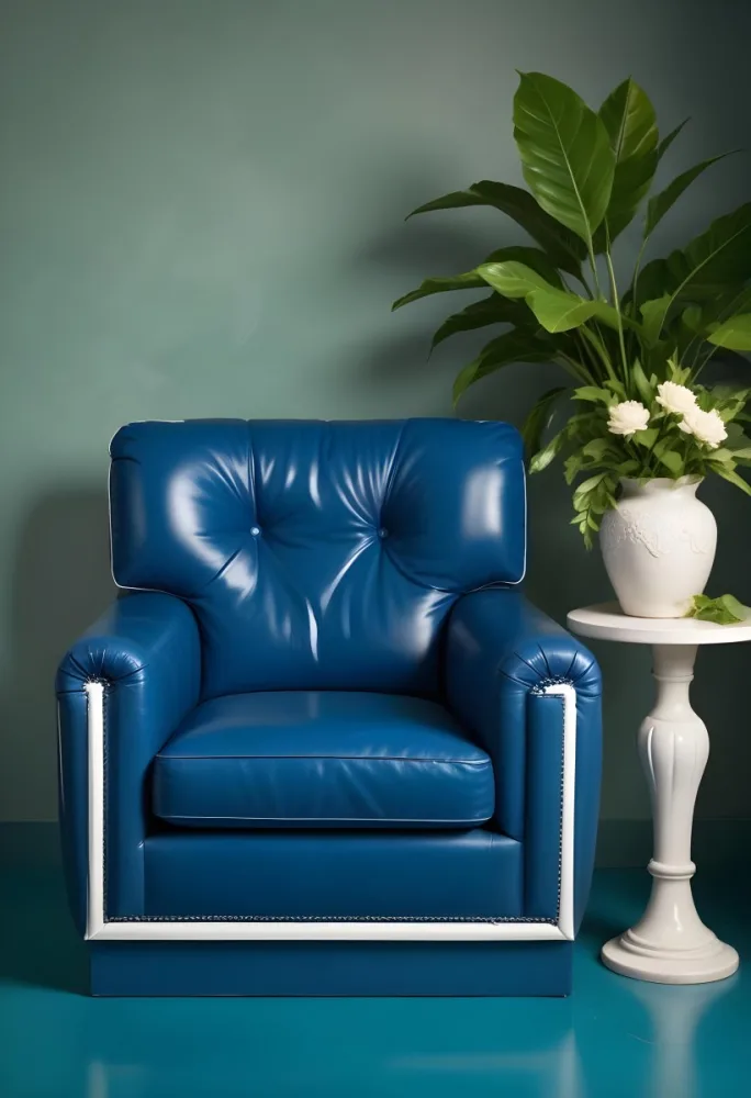 A Blue Leather Armchair With White Trim Next To A Decorative Vase With Green Leaves And Flowers On A Pedestal 5 Accf
