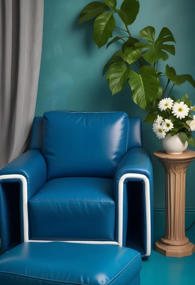 A Blue Leather Armchair With White Trim Next To A Decorative Vase With Green Leaves And Flowers On A Pedestal 6 50ee
