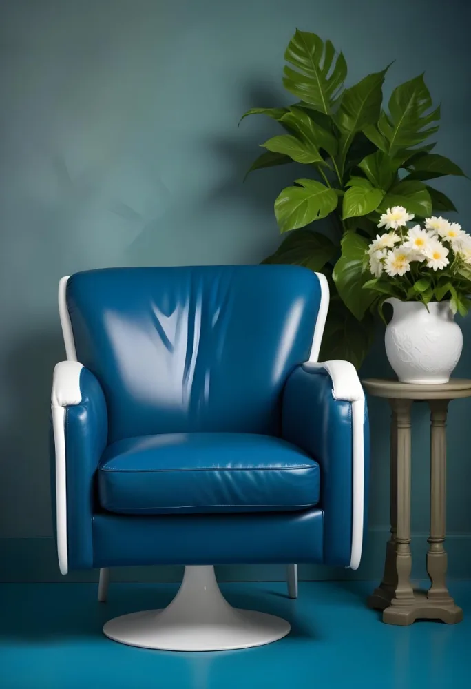 A Blue Leather Armchair With White Trim Next To A Decorative Vase With Green Leaves And Flowers On A Pedestal 7 A5ba