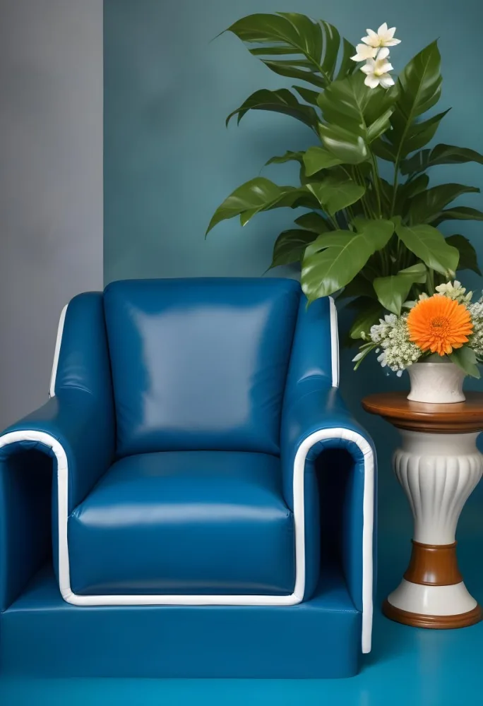 A Blue Leather Armchair With White Trim Next To A Decorative Vase With Green Leaves And Flowers On A Pedestal 8 7550