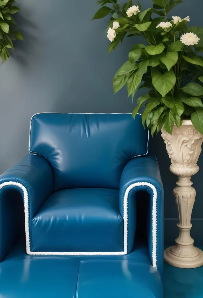A Blue Leather Armchair With White Trim Next To A Decorative Vase With Green Leaves And Flowers On A Pedestal 9 Cd20