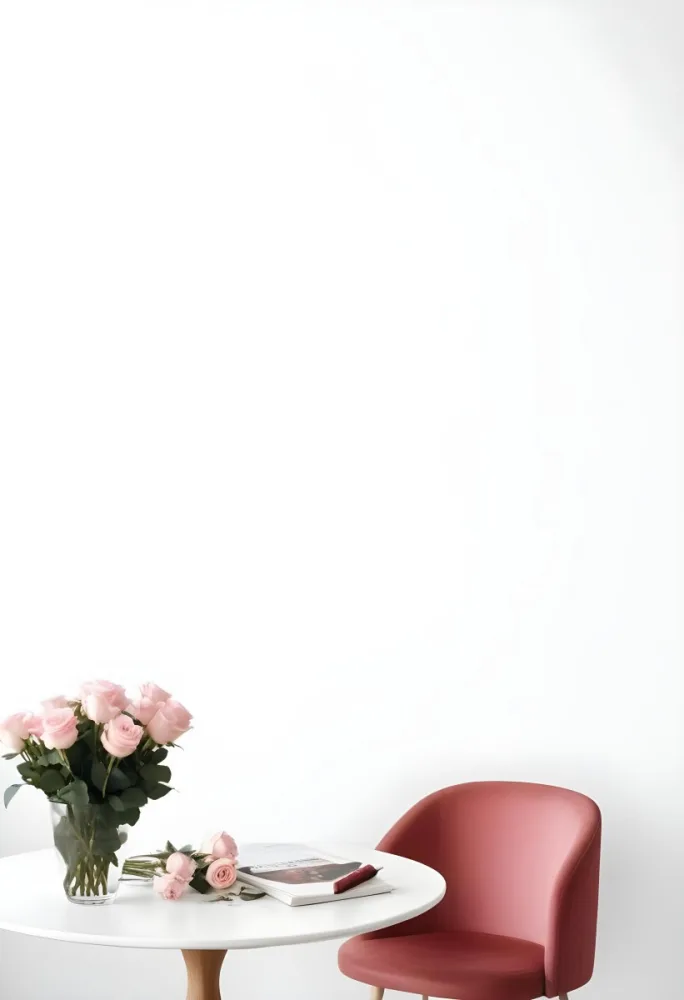 A Bouquet Of Pink Roses On A White Table Next To A Red Chair Against A White Wall In A Minimalist Room 11 B8aa