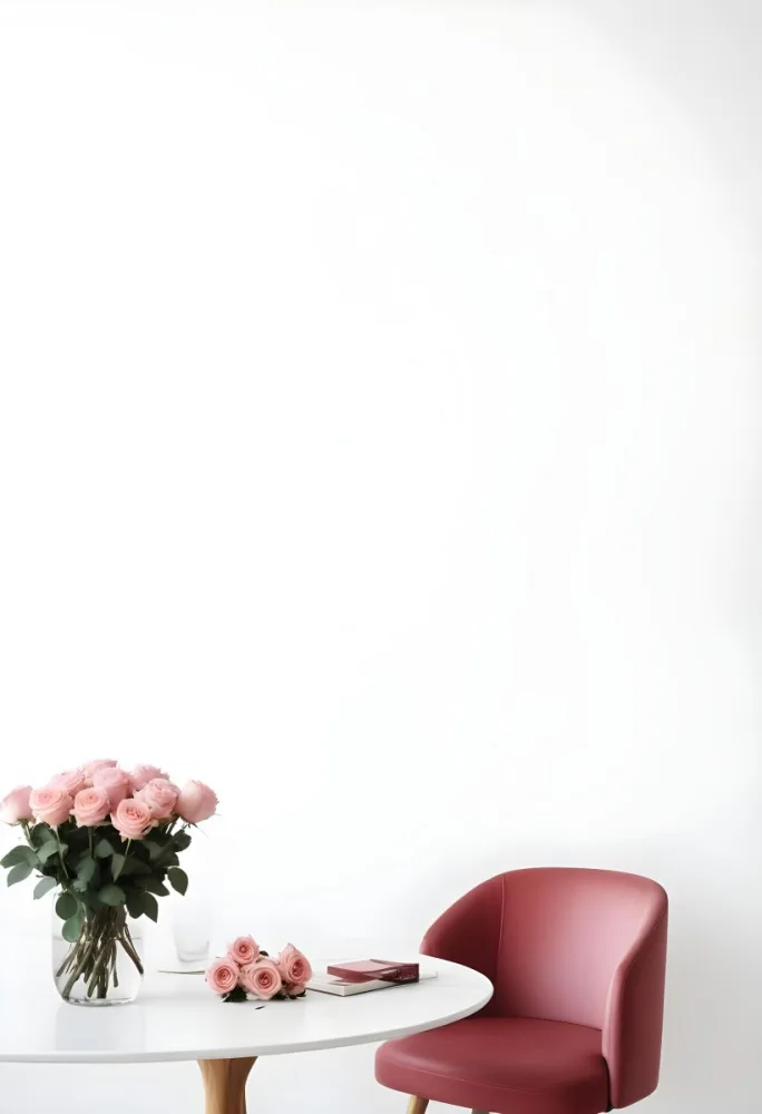 A Bouquet Of Pink Roses On A White Table Next To A Red Chair Against A White Wall In A Minimalist Room 13 F688
