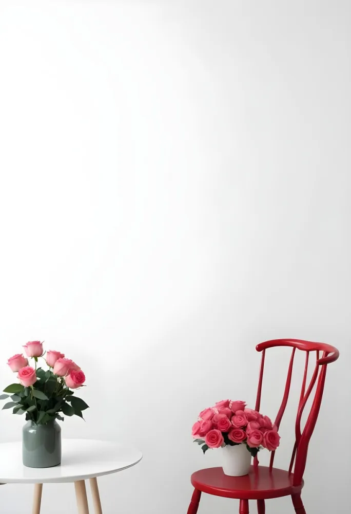 A Bouquet Of Pink Roses On A White Table Next To A Red Chair Against A White Wall In A Minimalist Room 16 B0e5
