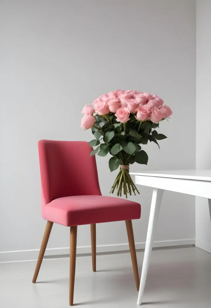 A Bouquet Of Pink Roses On A White Table Next To A Red Chair Against A White Wall In A Minimalist Room 18 C0d8