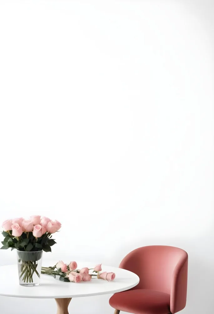 A Bouquet Of Pink Roses On A White Table Next To A Red Chair Against A White Wall In A Minimalist Room 22 F63e