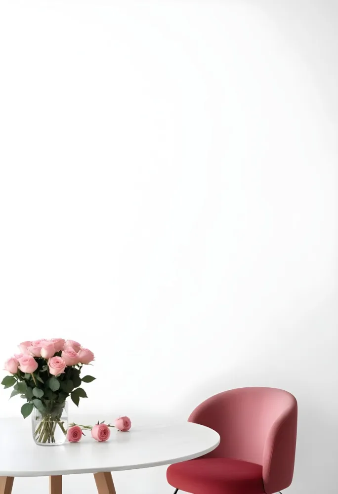 A Bouquet Of Pink Roses On A White Table Next To A Red Chair Against A White Wall In A Minimalist Room 24 0a77